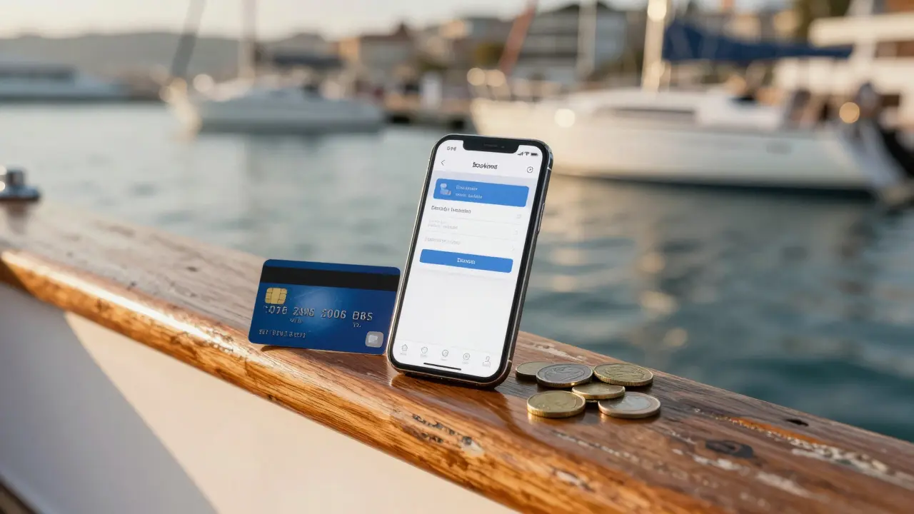 Teléfono y tarjeta de crédito sobre barandilla de barco con puerto al fondo