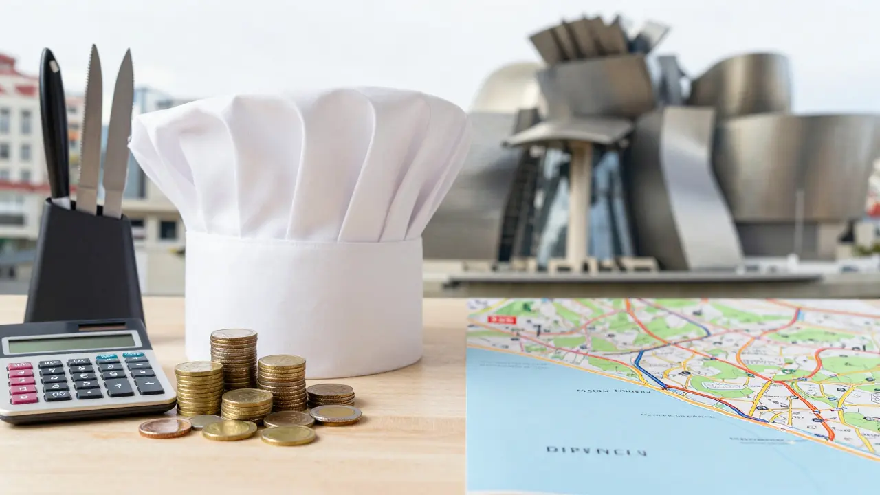 Utensilios de cocina junto a monedas y mapa de Bilbao simbolizando costos educativos