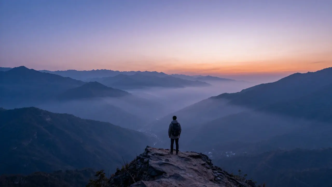 Viajero solitario contemplando montañas neblinosas al amanecer desde un acantilado