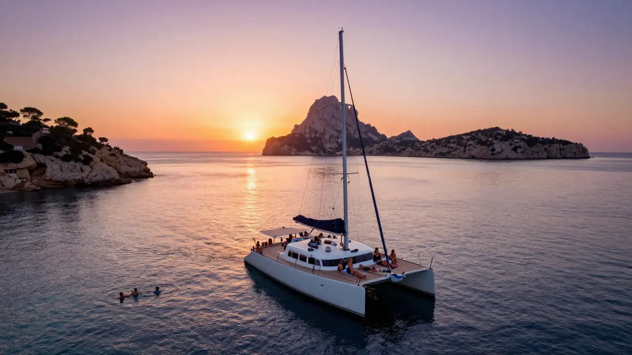 Vista aérea de amigos disfrutando del atardecer en un catamarán anclado cerca de una cala de Ibiza