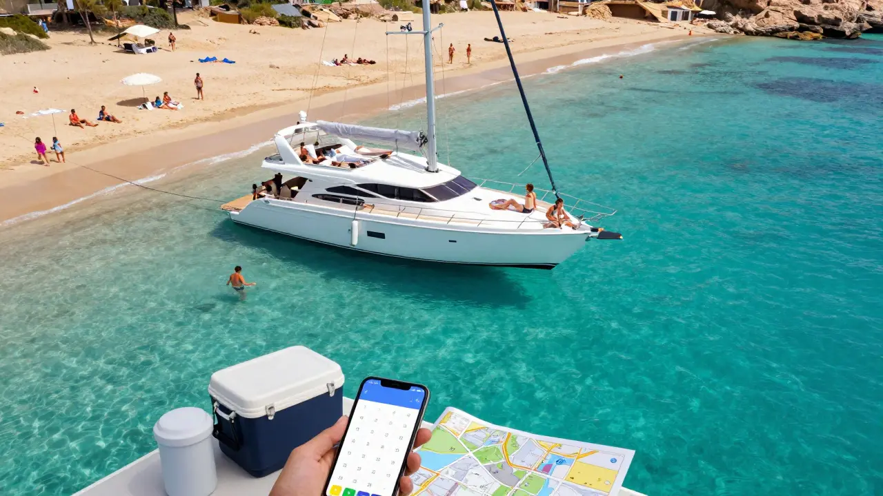 Vista aérea de amigos relajándose en un yate anclado cerca de una playa en Ibiza