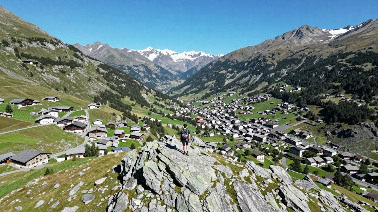 Vista aérea de un senderista en un paso fronterizo entre España, Francia y Andorra