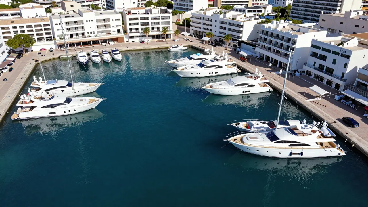 Vista aérea del exclusivo puerto de Es Cubells con yates lujosos