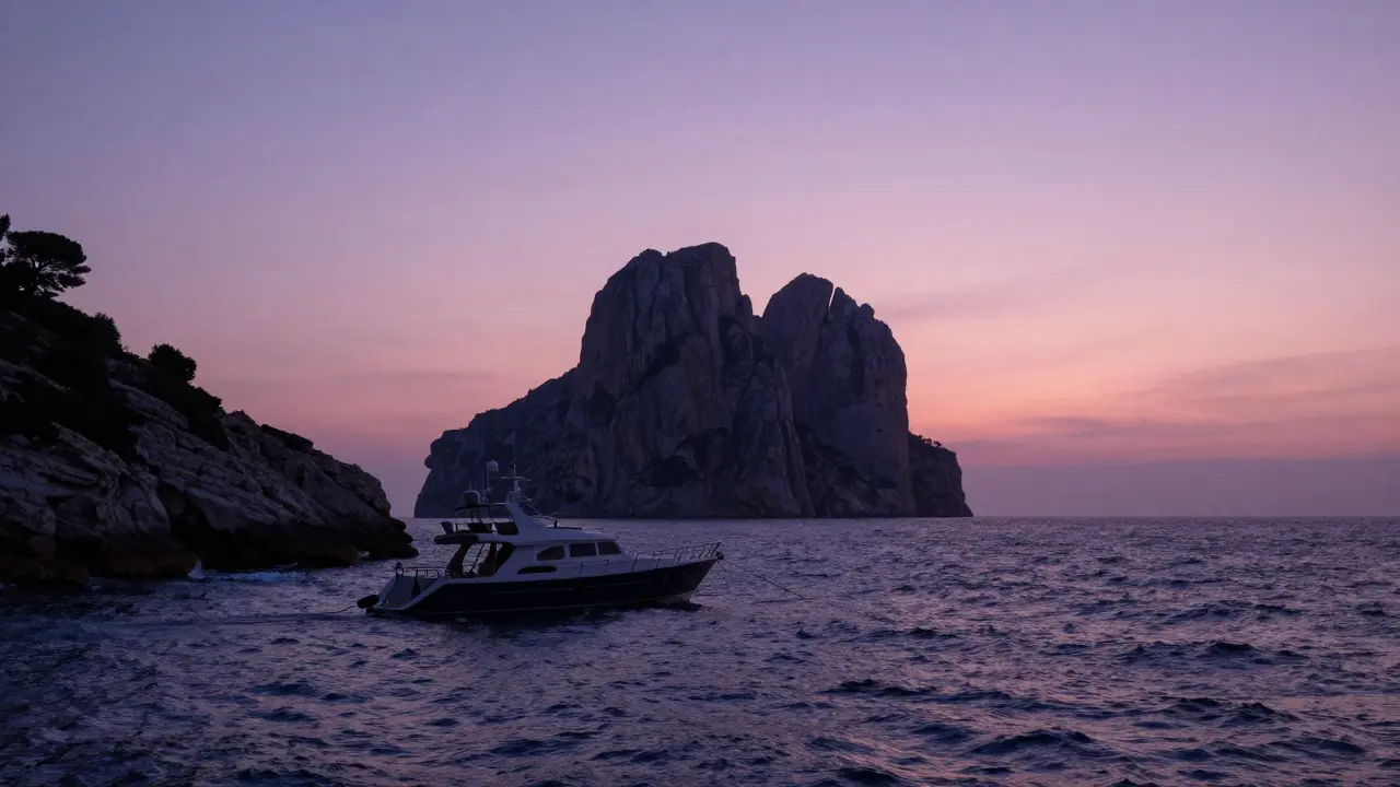Yate anclado en una bahía tranquila cerca de la isla de Es Vedrà