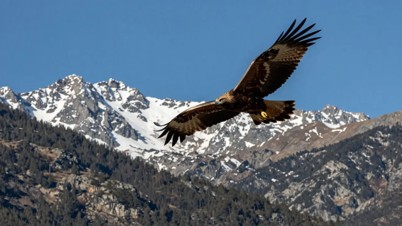 Águila real volando sobre las montañas nevadas de los Pirineos