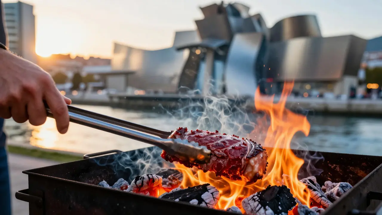 Asado de txuleta al carbón con fondo del Museo Guggenheim