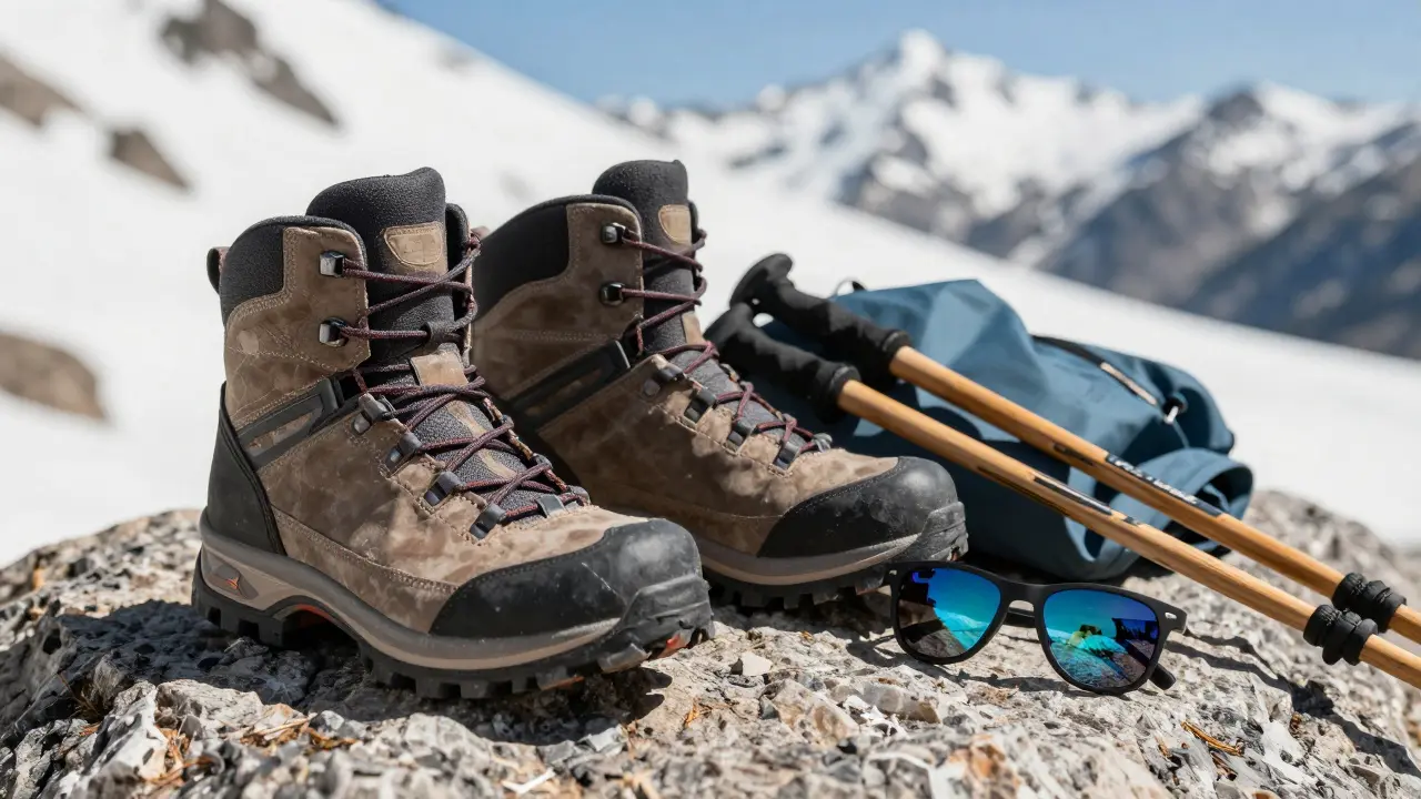 Botas de senderismo y bastones sobre roca con fondo de montaña nevada