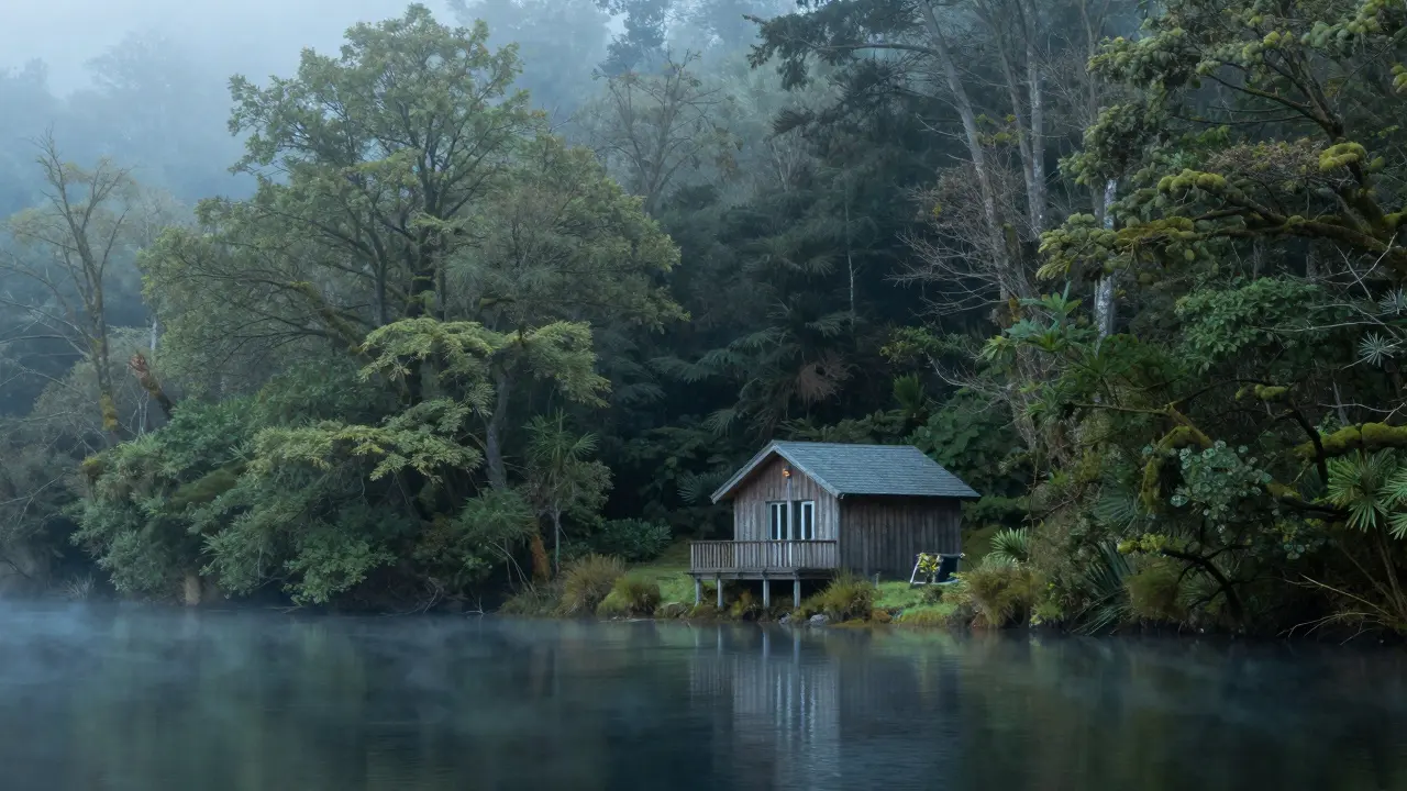 Cabaña aislada en bosque nebuloso para desconexión mental