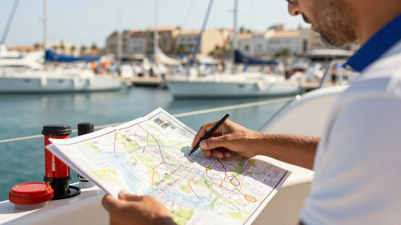 Capitán revisando cartas náuticas y seguridad en el muelle antes de zarpar