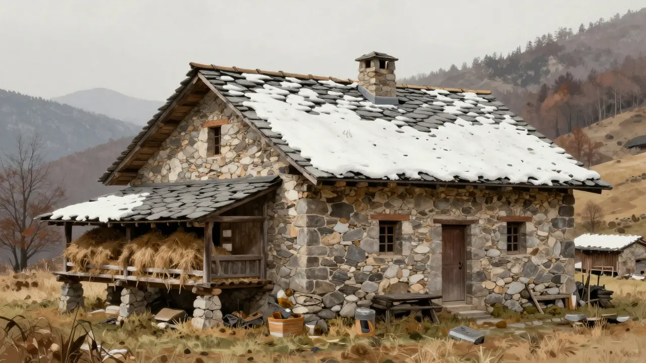 Casa de piedra pirenaica y hórreo elevado en un prado de montaña