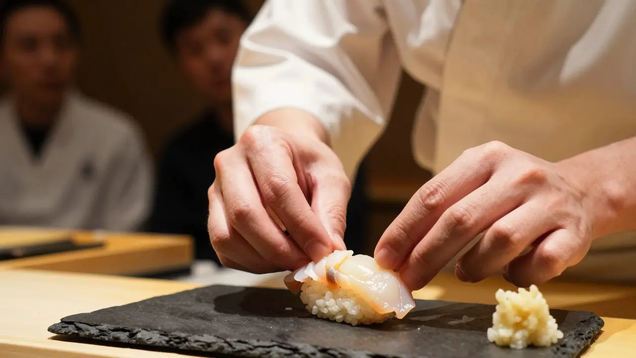 Chef experto preparando sushi con precisión en una masterclass intensiva