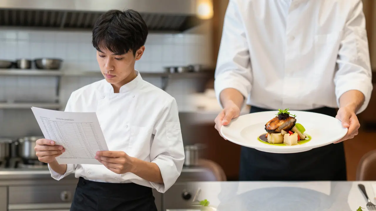 Chef graduado gestionando costos y sirviendo en restaurante