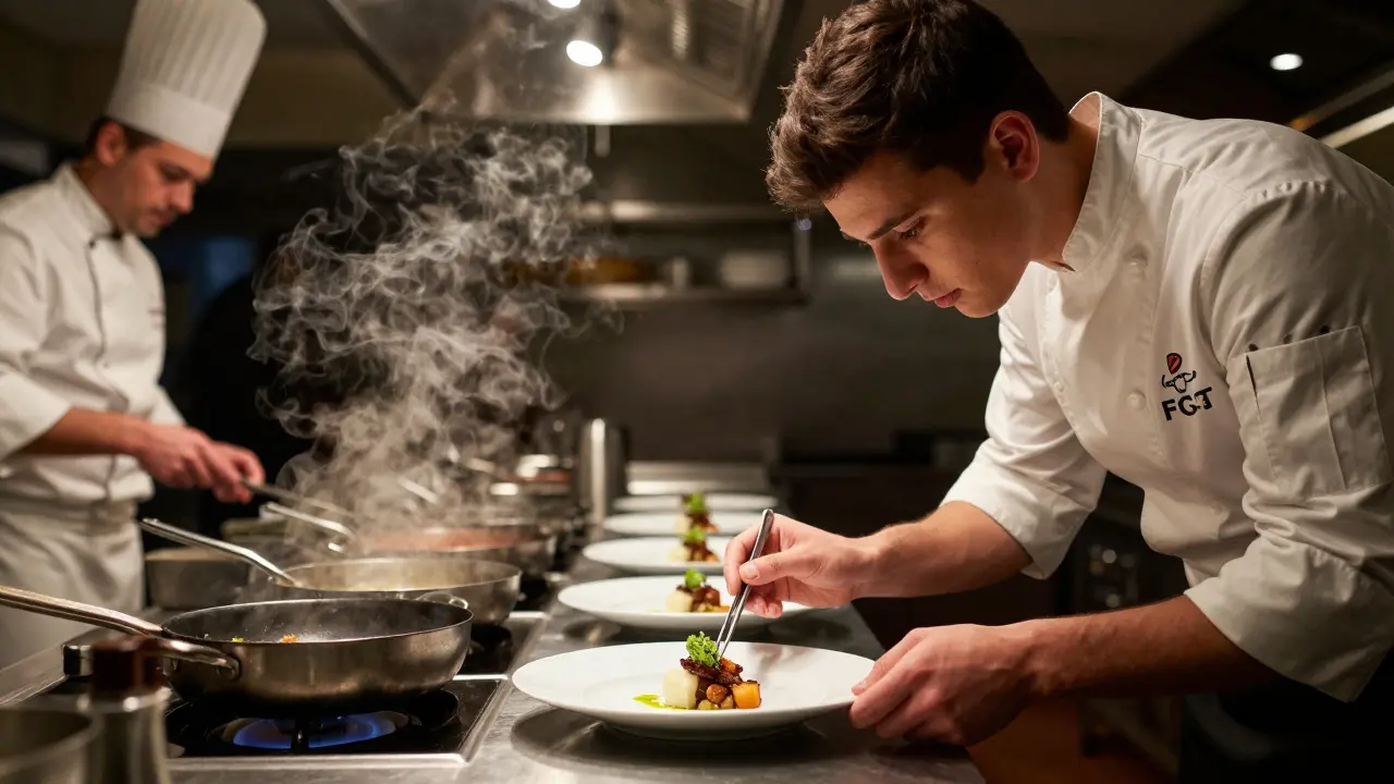 Chef joven preparando un plato gourmet bajo supervisión en restaurante
