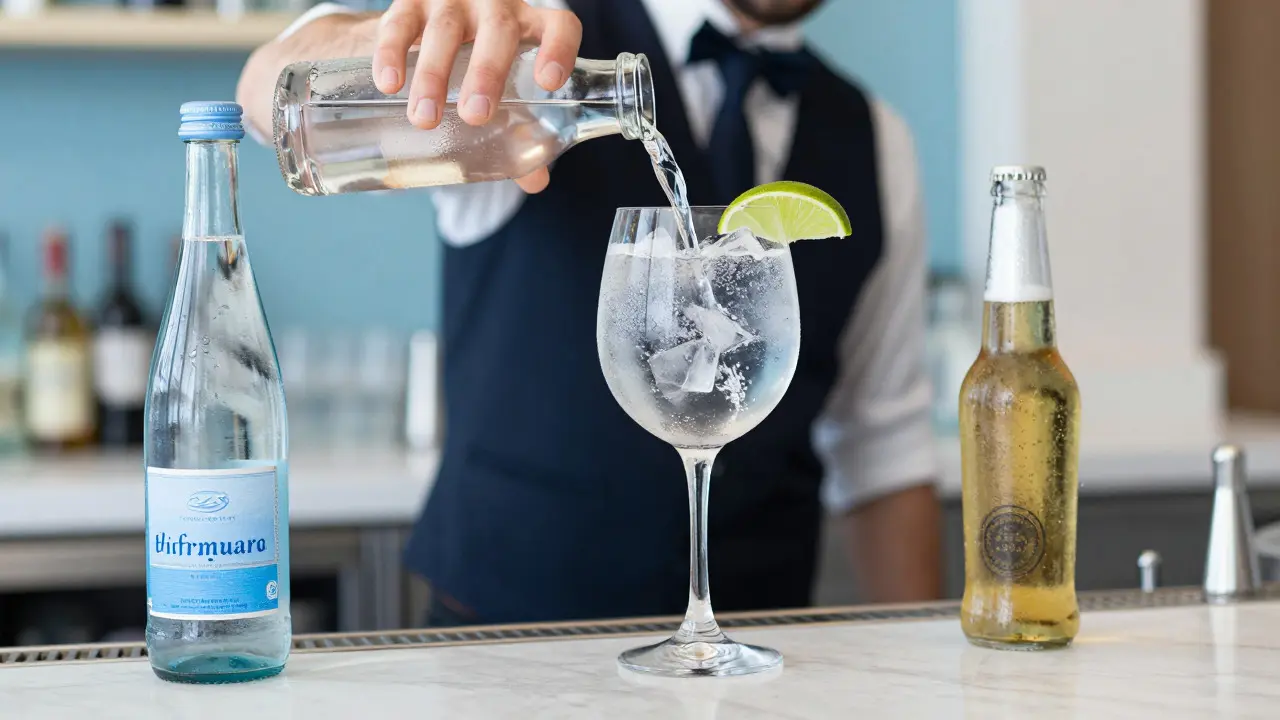 Cocktail premium y agua mineral en barra de hotel, mostrando suplementos