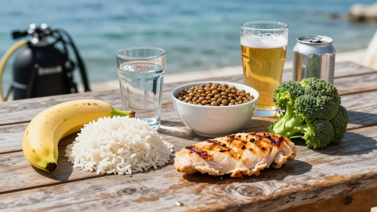 Comparación visual de alimentos recomendados y peligrosos antes de bucear
