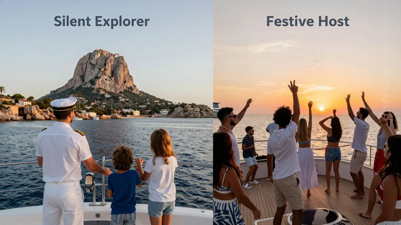 Comparación visual de estilos de capitanes: explorador tranquilo vs anfitrión festivo en Ibiza