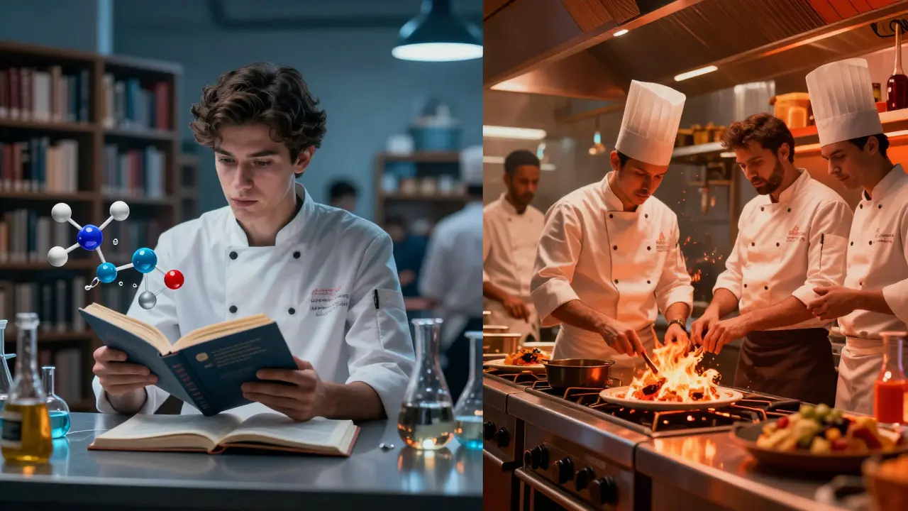 Comparación visual entre estudios universitarios y práctica culinaria