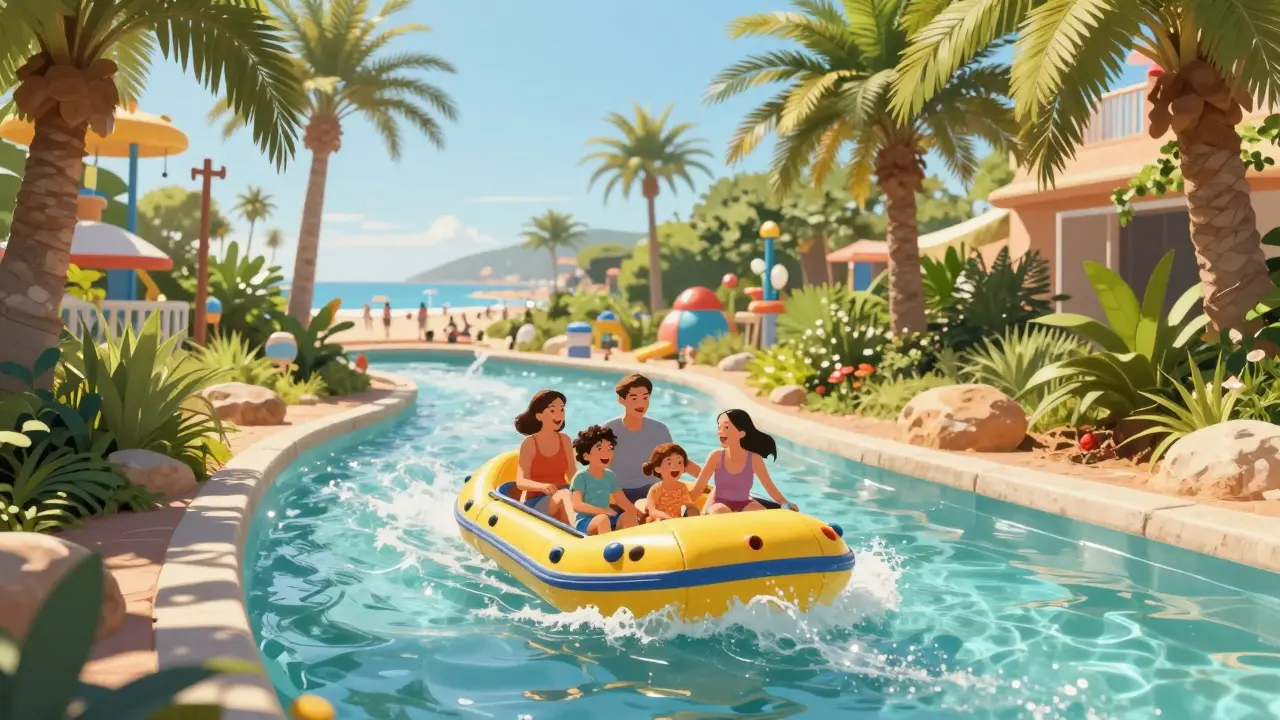Familia disfrutando de un río lento en el parque acuático Aqualand Costa Brava