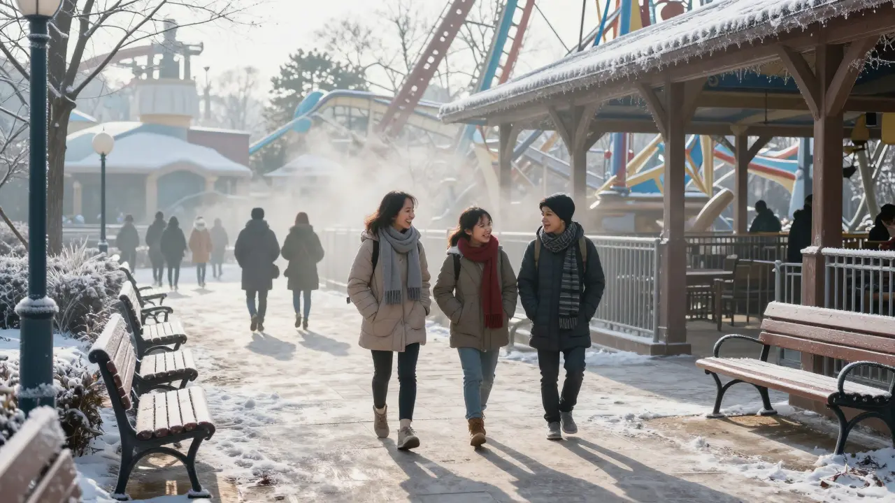Familia disfrutando del parque en enero con pocas colas