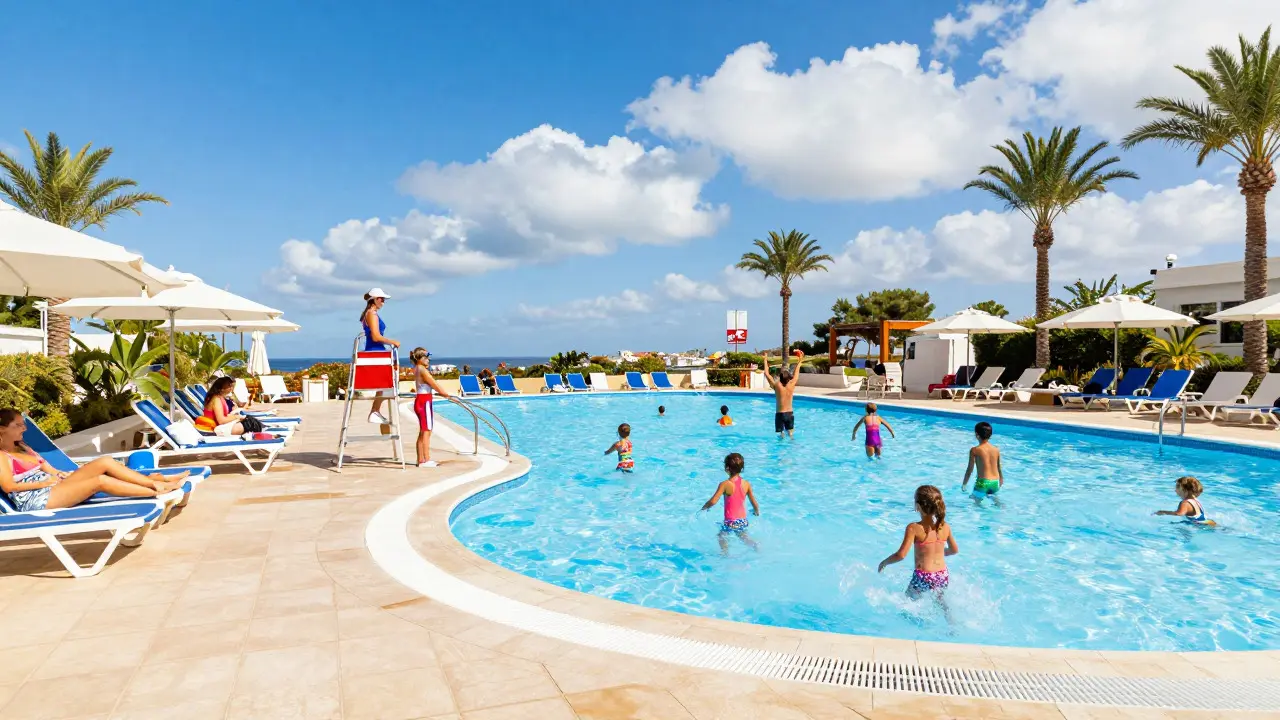 Familias disfrutando de actividades acuáticas en piscina de resort todo incluido