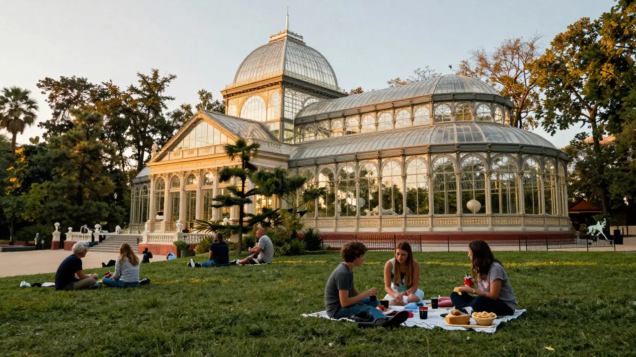 Familias haciendo picnic cerca del Palacio de Cristal en el Parque del Retiro durante la hora dorada.