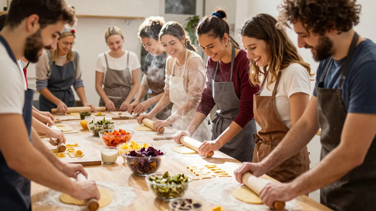 Grupo disfrutando de un taller de cocina haciendo pasta fresca juntos