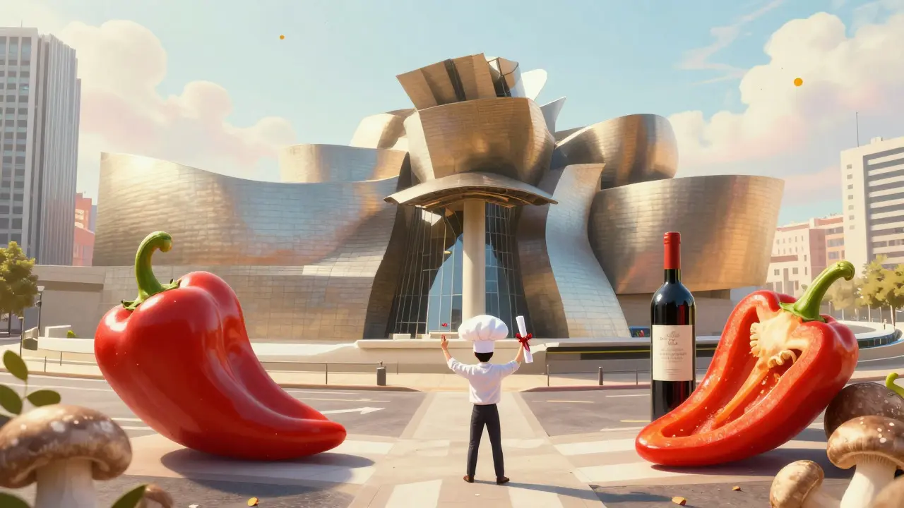 Ilustración conceptual de Bilbao mezclando arquitectura e ingredientes vascos.