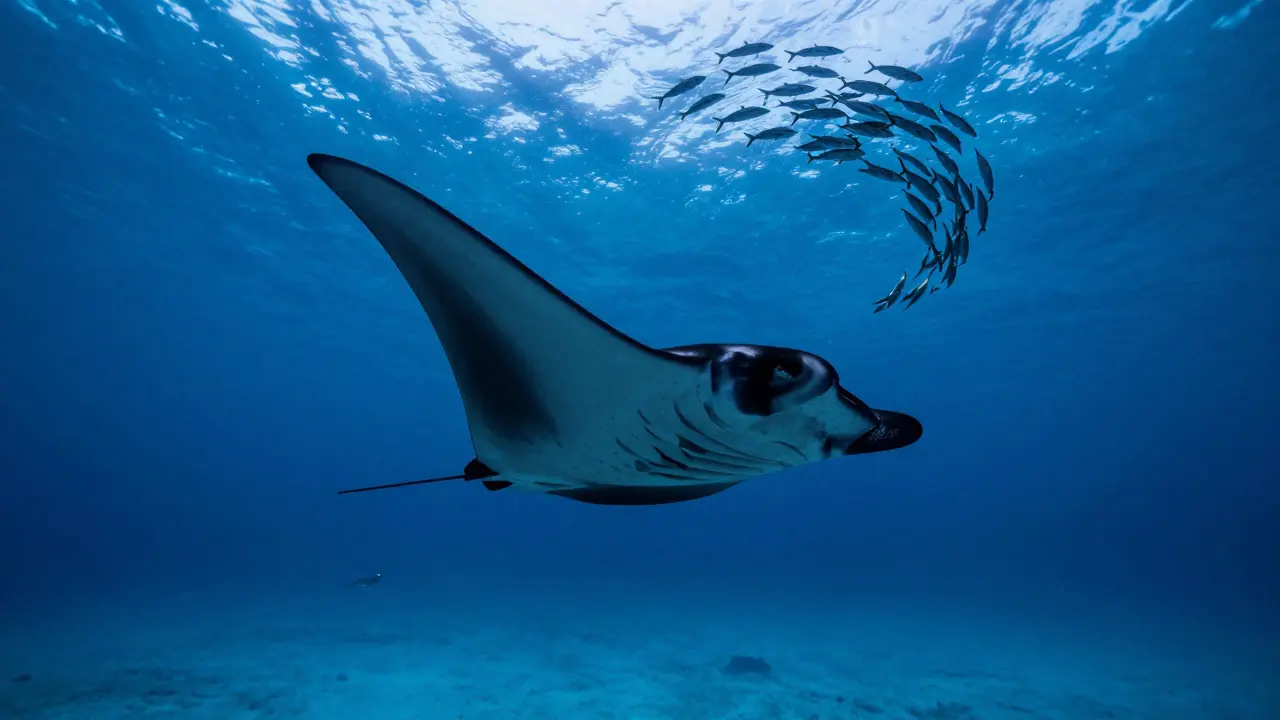 Manta raya gigante nadando en aguas azules profundas de las Maldivas