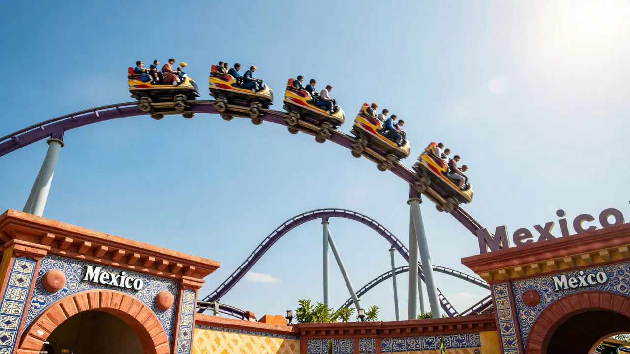 Montaña rusa Dragon Khan en la zona de México con arquitectura colorida