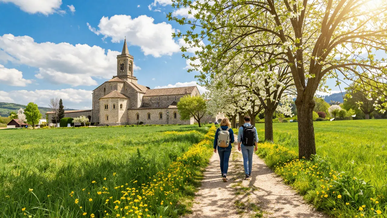 Pareja haciendo senderismo cerca del monasterio de Valldemossa en primavera