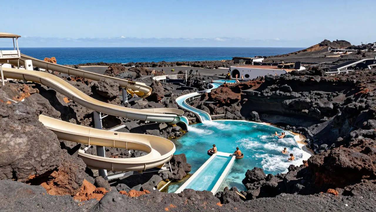 Parque acuático Aquopolis rodeado de formaciones volcánicas y mar en Tenerife