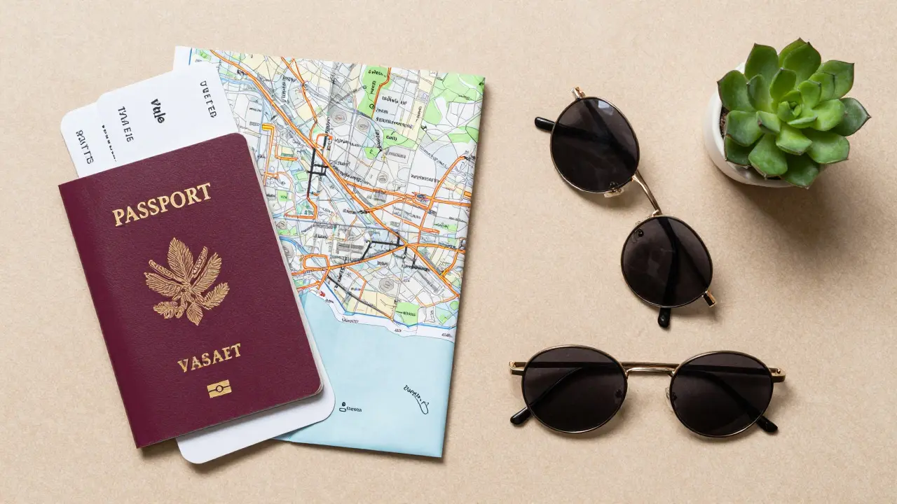 Pasaporte, mapa y gafas de sol sobre mesa de madera