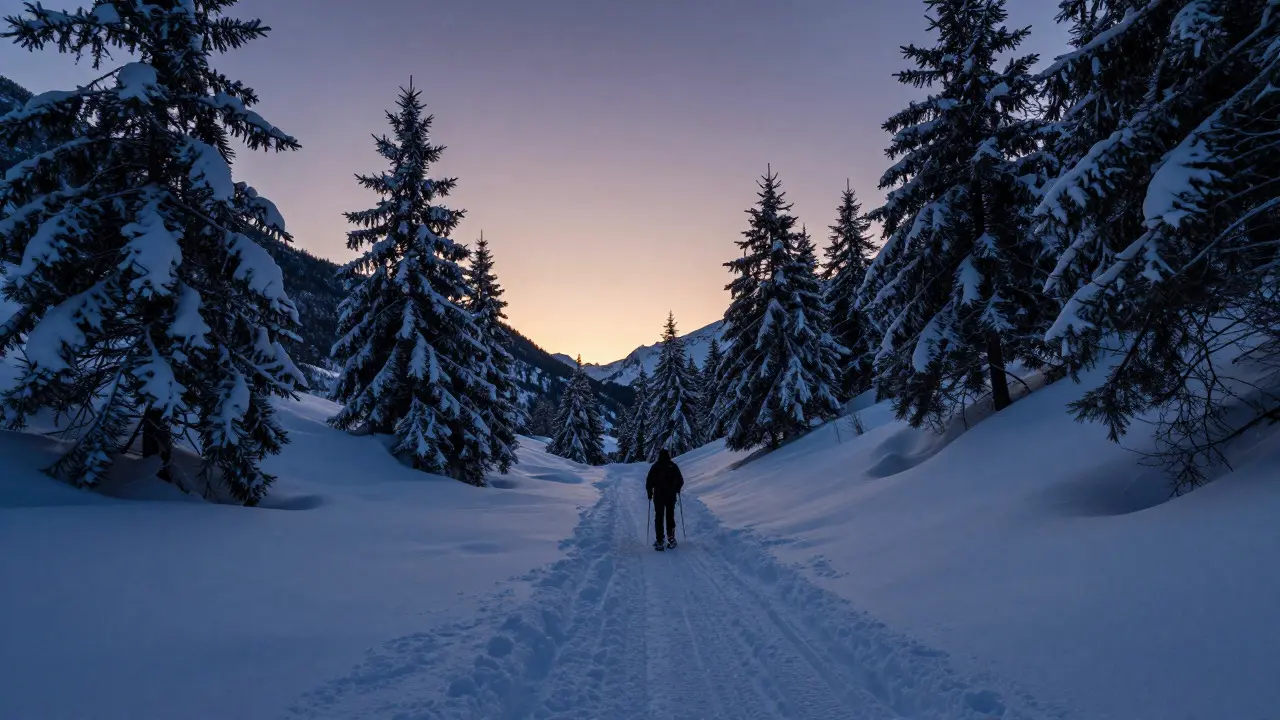 Persona caminando con raquetas de nieve en un valle silencioso y nevado al atardecer