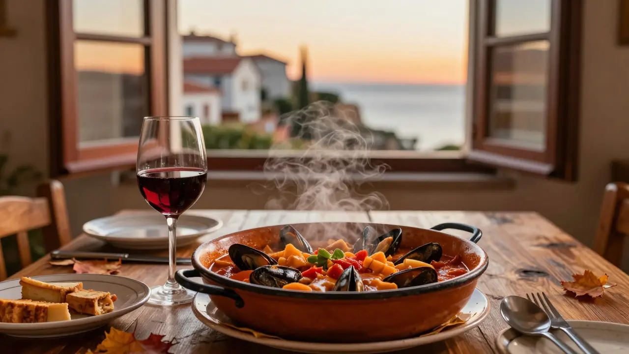 Plato tradicional mallorquín de caldereta en una mesa rústica al atardecer