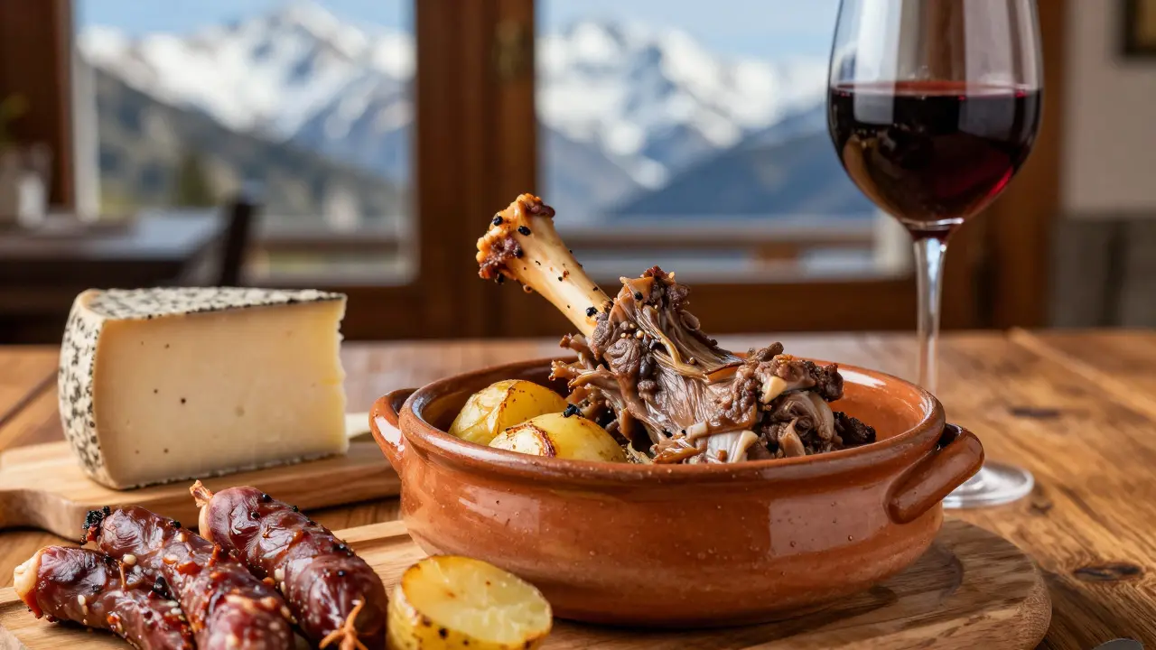 Plato tradicional pirenaico con cordero, queso y vino en refugio