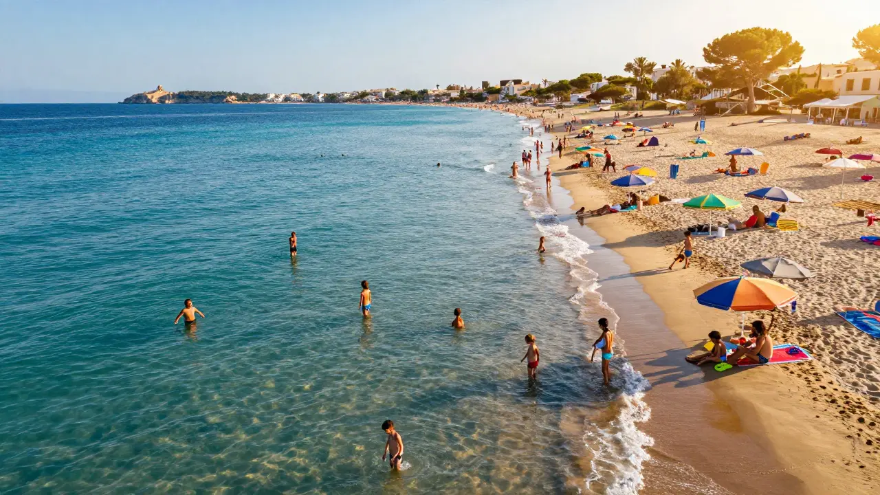 Playa familiar abarrotada con aguas cálidas y turquesas en Mallorca durante agosto