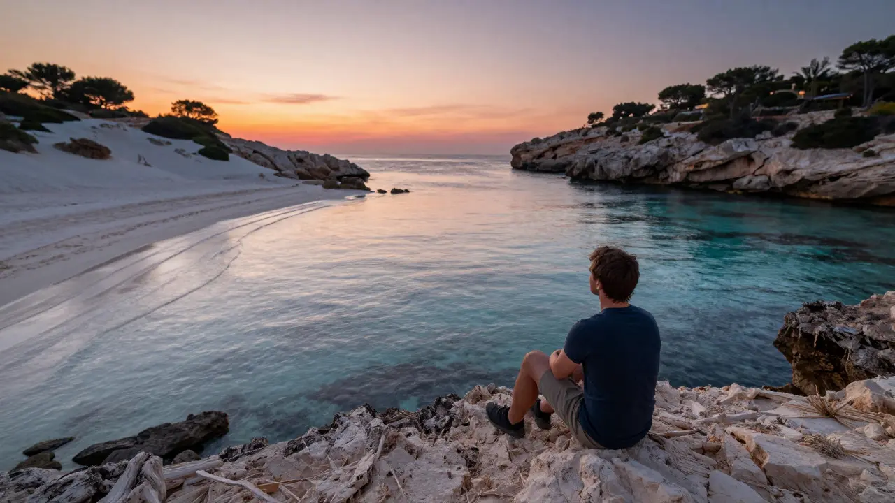 Playa tranquila al atardecer en la costa sur de Mallorca