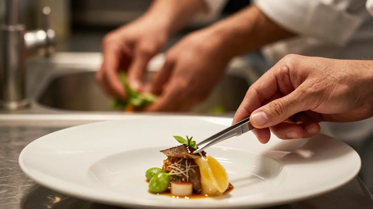Primer plano de manos platando un plato con precisión mientras otras lavan verduras