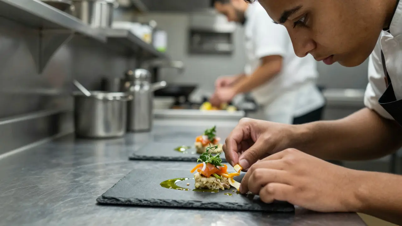 Primer plano de un estudiante preparando un pintxo tradicional en una cocina profesional.