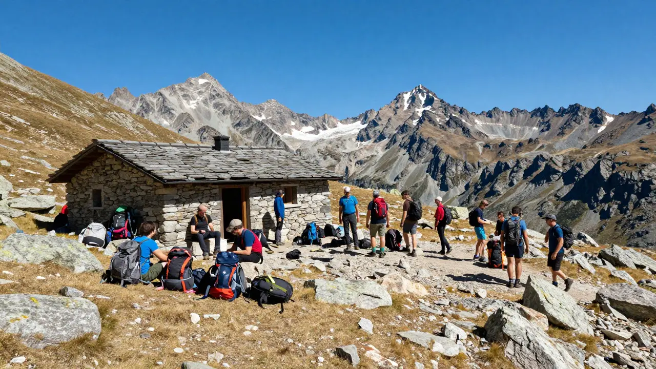 Refugio de montaña lleno de senderistas en verano bajo un cielo azul intenso