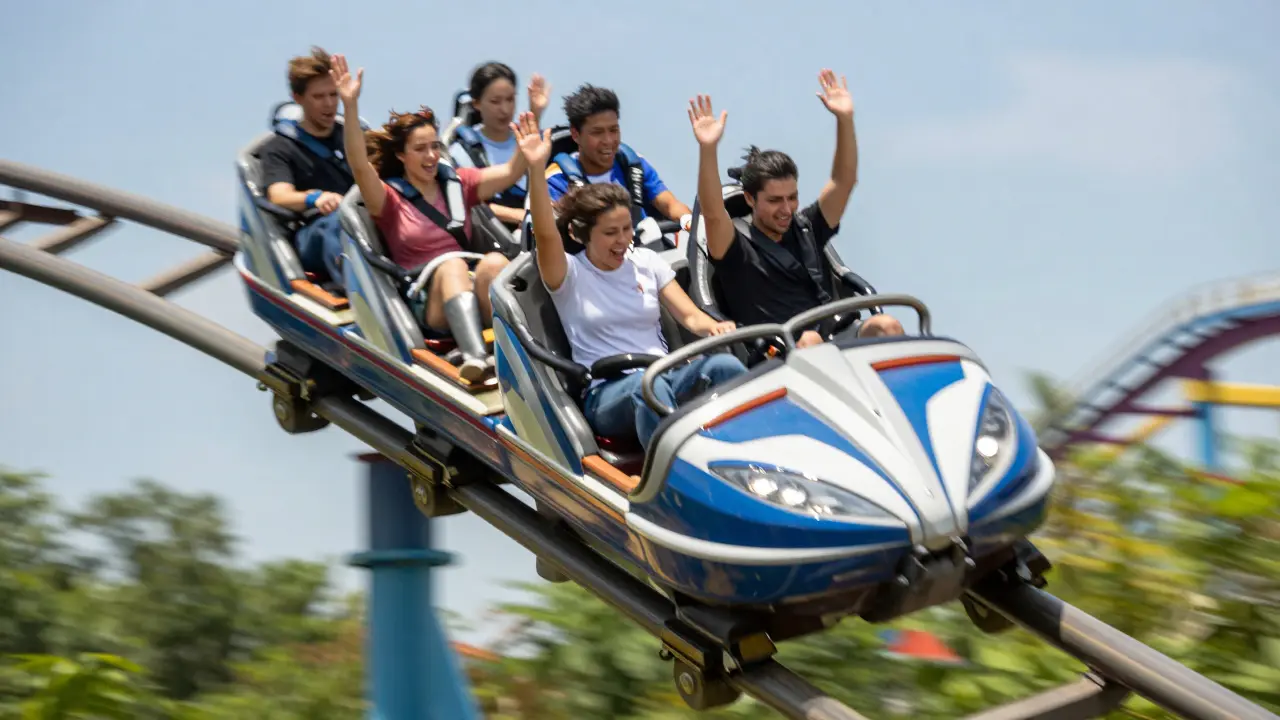 Riders emocionados en una montaña rusa invertida a alta velocidad