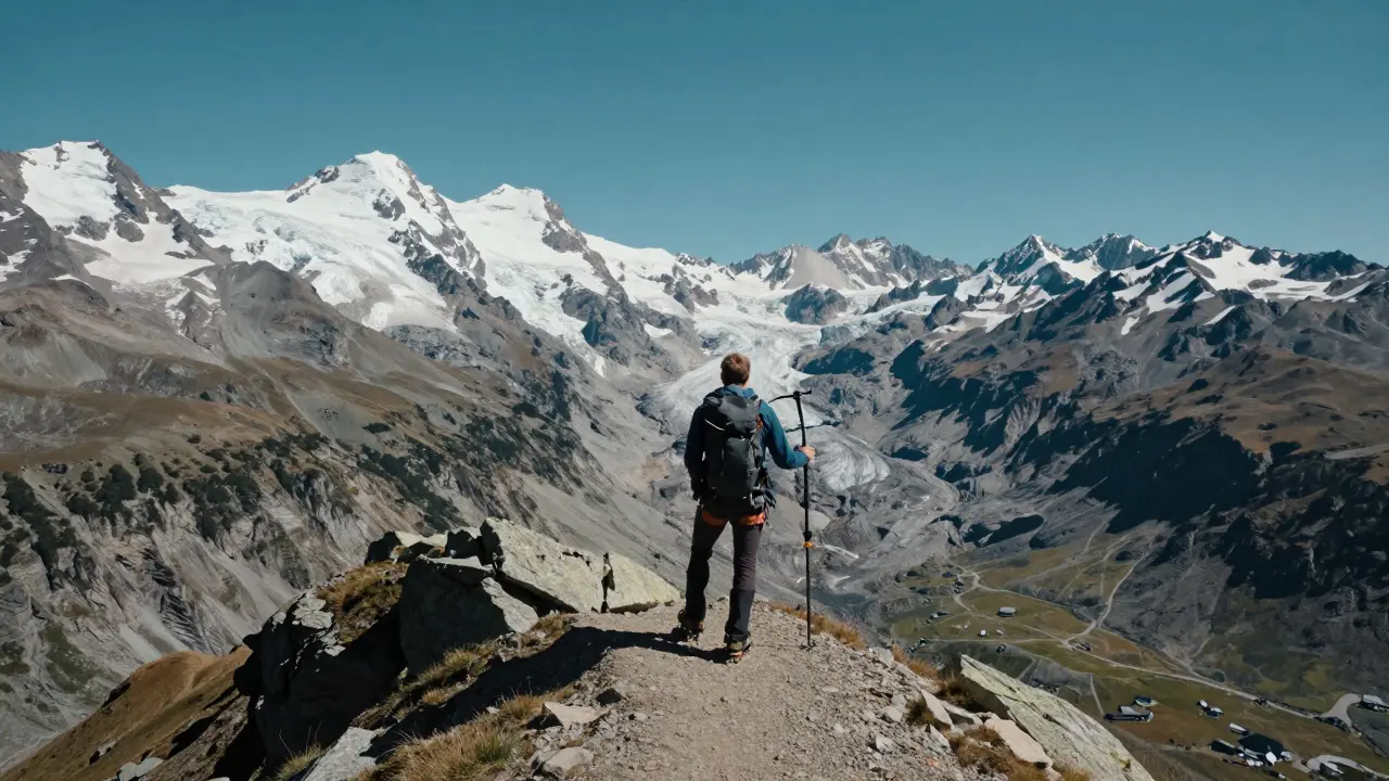 Senderista con crampones en una cresta glacial de alta montaña en verano