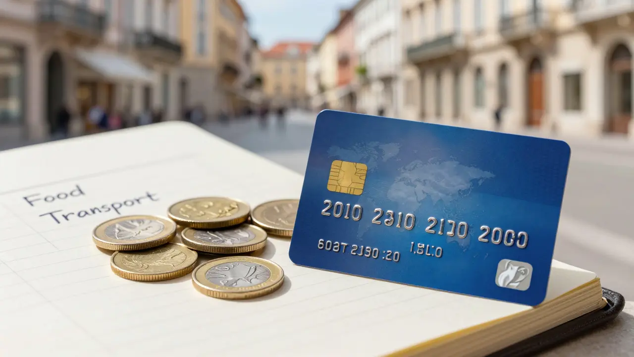 Tarjeta de crédito y monedas locales sobre una mesa de viaje