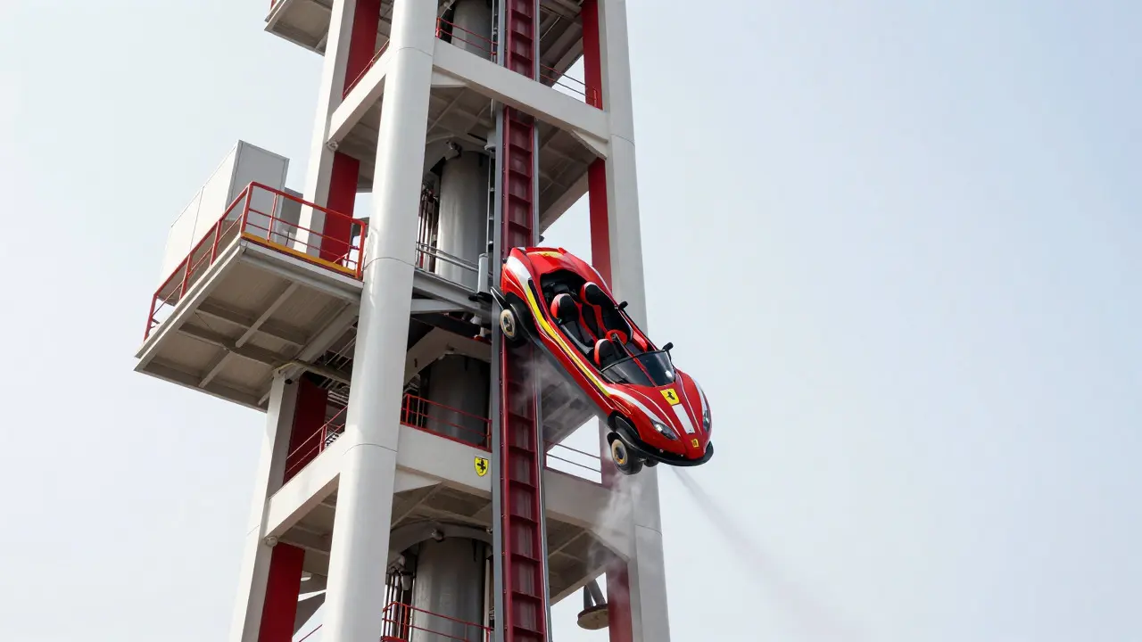 Torre de lanzamiento Red Force en Ferrari Land con coche en movimiento