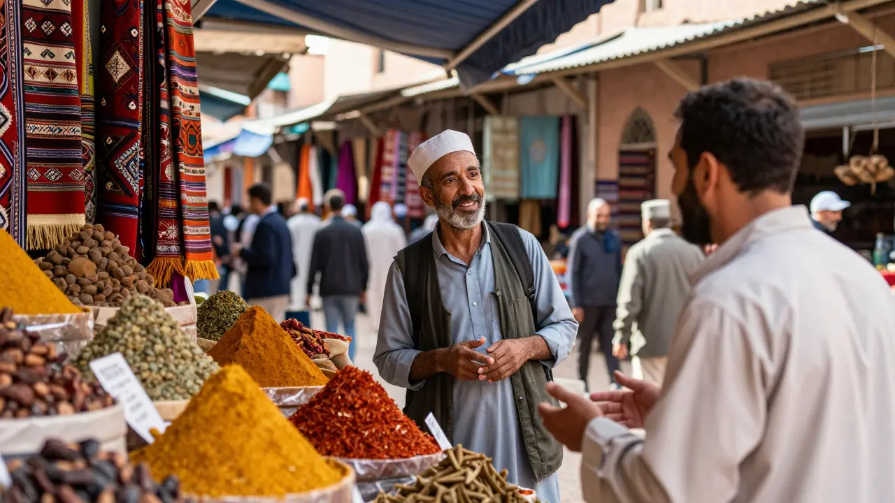 Turista hablando con artesano local en mercado de Marrakech