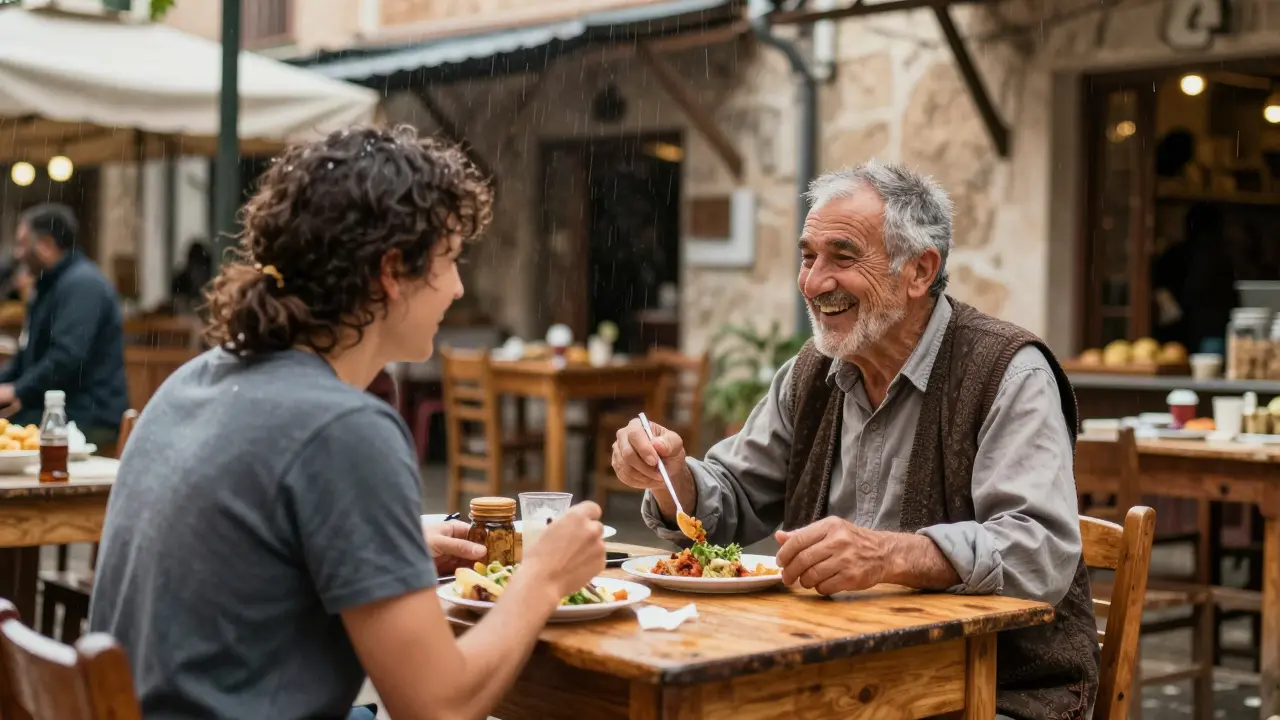 Viajero compartiendo una comida auténtica con un local bajo la lluvia