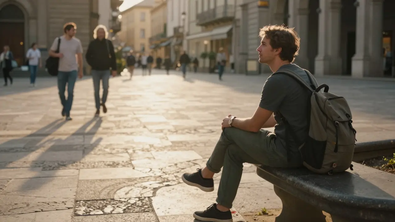 Viajero relajado en una plaza europea con mochila minimalista