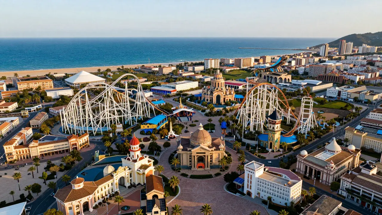 Vista aérea del complejo PortAventura World en la costa mediterránea