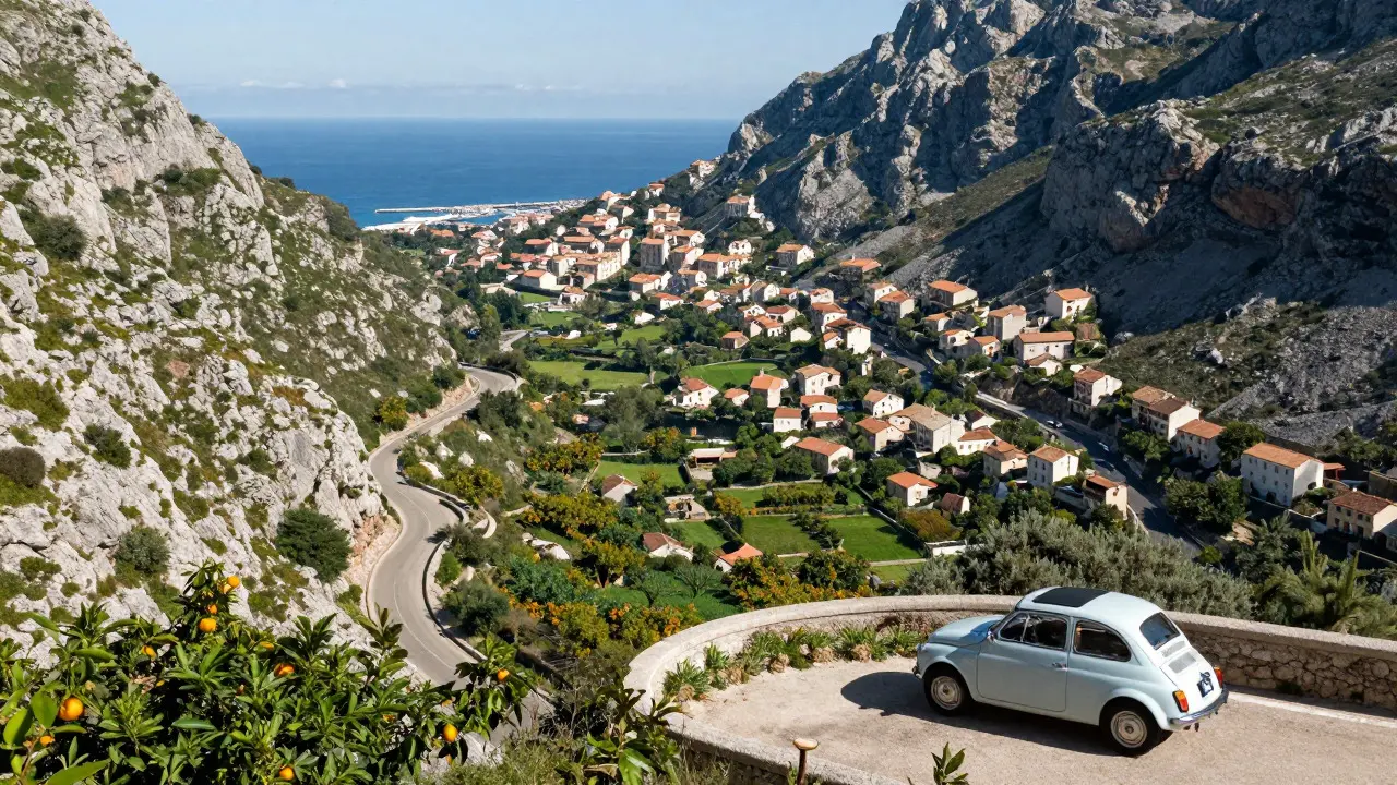 Vista panorámica de Sóller y la carretera de montaña