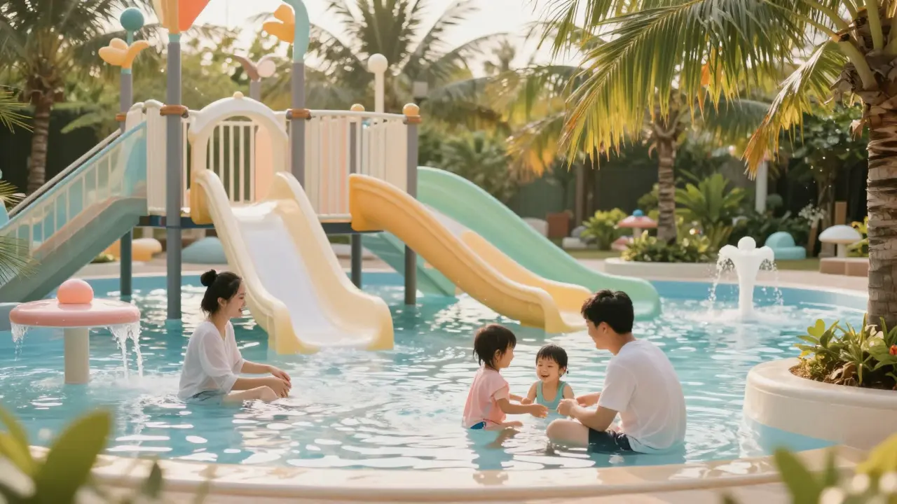Zona infantil con fuentes y piscinas poco profundas